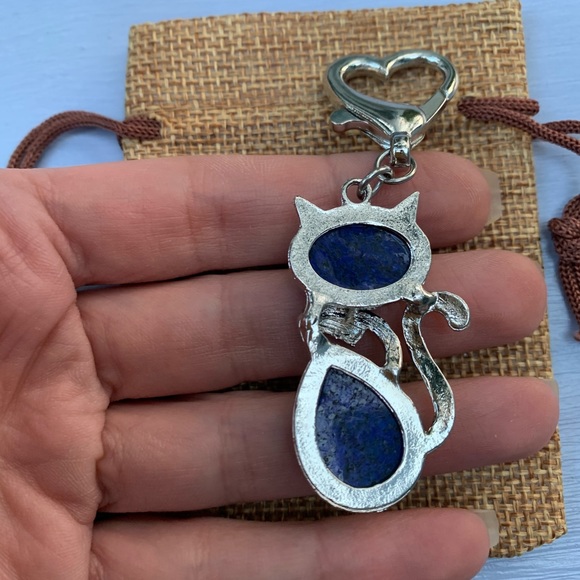 Lapis Lazuli Cat Keyring Charm Lapis Lazuli Cat Bag Charm Kitty Cat Bag Charm - Picture 2 of 3